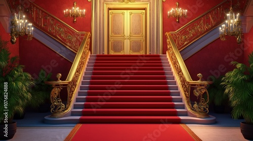 Red carpet on the stairs leading to an entrance with a golden door and a chandelier photo