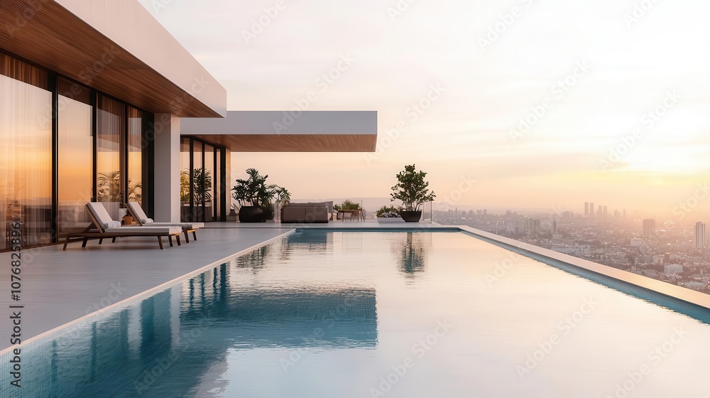 Fototapeta premium Luxurious penthouse with rooftop infinity pool, outdoor cinema, and panoramic sunset views over the city