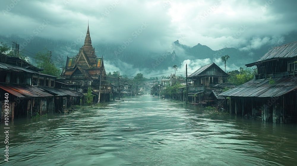A chaotic scene depicts the destruction caused by climate change, with buildings submerged and water levels rising A chaotic scene depicts the destruction caused by climate change, with buildings submerged and water levels rising
