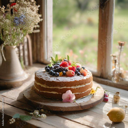Bolo rústico em mesa de madeira.