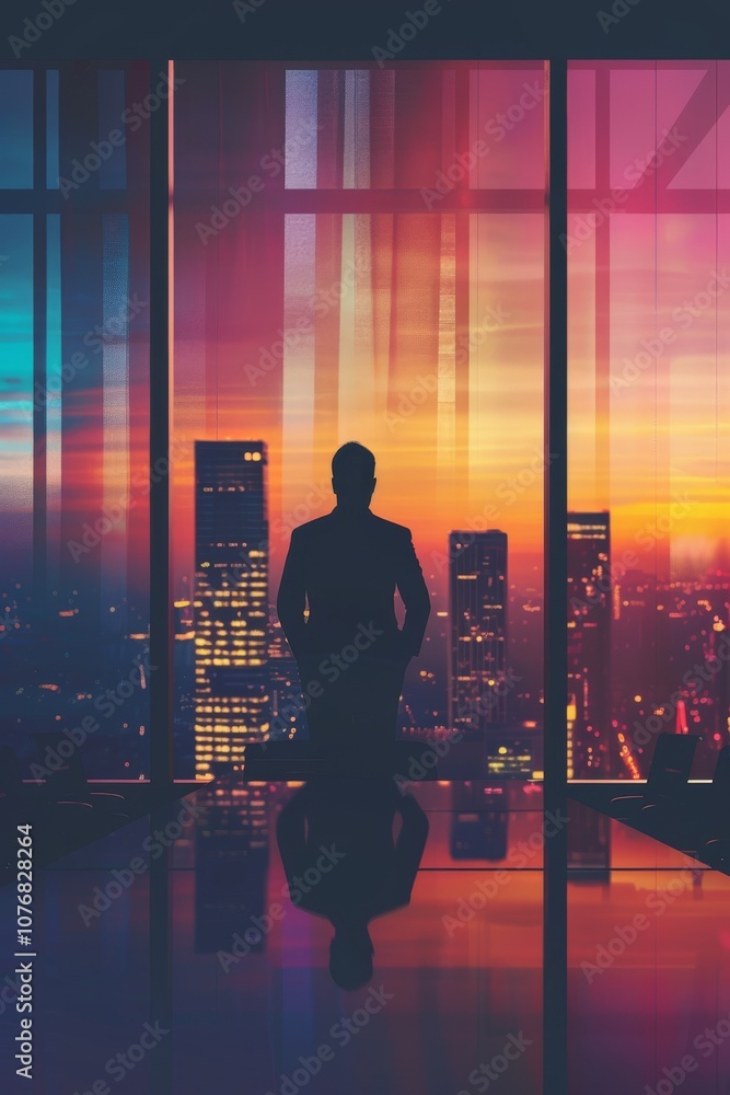 Φωτογραφία Silhouette of Businessperson Standing in Modern Office Overlooking Vibrant Citys