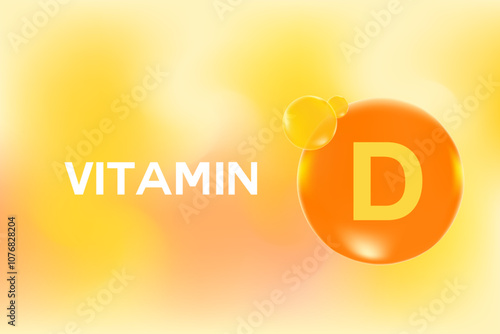 Vitamin D glowing 3D molecule element or bubble, watercolor gradient background. Rich fluid orange, yellow color flowing bubbles, supplement products banner, presentation, infographic design