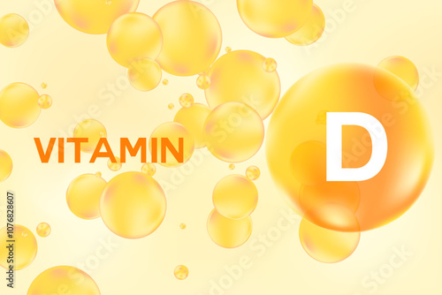 Vitamin D glowing 3D molecule element or bubble, watercolor gradient background. Rich fluid orange, yellow color flowing bubbles, supplement products banner, presentation, infographic design