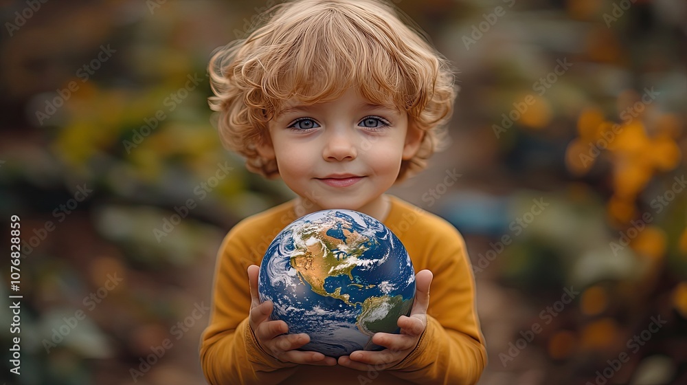 Fototapeta premium A child holding a globe of Earth, representing the next generation's responsibility in tackling climate change and protecting the planet