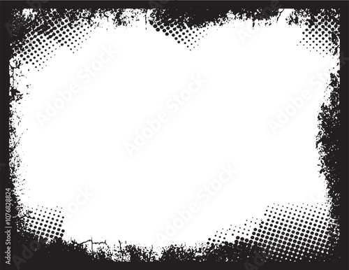 a square grunge frame with a black and white halftone dot texture, black and white border, A black and white grunge  rectangle frame vector design, A vintage grunge square frame 
