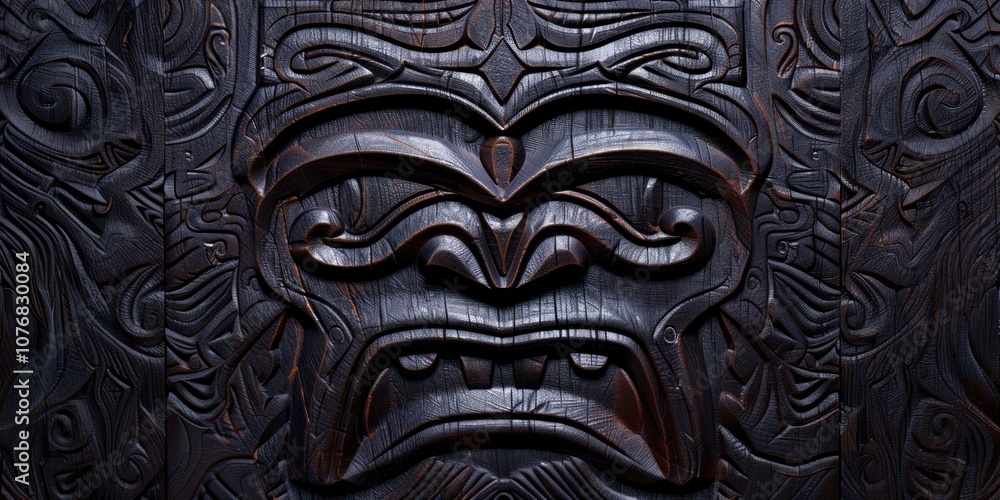 Dark wooden carvings showcase Polynesian artistry with detailed patterns and expressive faces from cultural traditions Dark wooden carvings showcase Polynesian artistry with detailed patterns and expressive faces from cultural traditions
