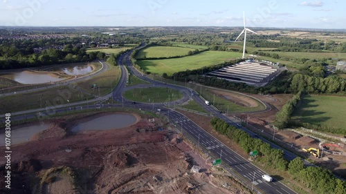 New roundabout development in Leicester and wind turbine by drone
