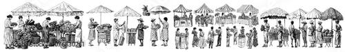 In this cartoony colorful modern illustration, the market is filled with people buying vegetables, fruits, meat, and other farm products at the counters. There are buyers and sellers in the