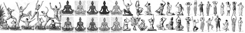 The figure is a gathering of tiny people performing yoga exercises. Men and women are practicing asanas on a white background. The figure is a representation of spirituality and physical activity in