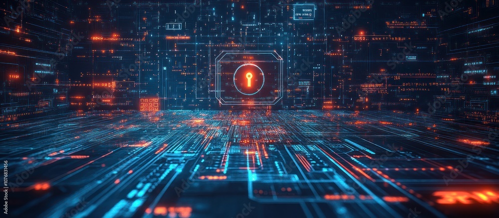 Obraz premium Futuristic digital abstract background with key icon and circuit board in the foreground.