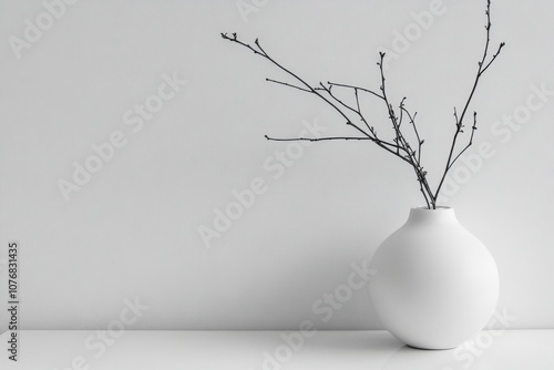 Elegant banner with the image of a white vase with twigs on a gray background, copy space photo