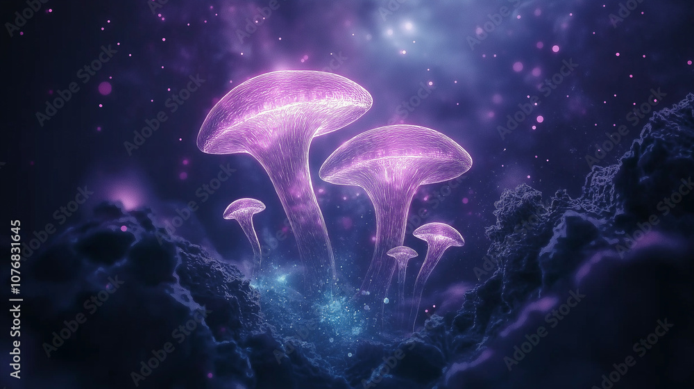 Cosmic Glow: Glowing Mushrooms in a Nebula Landscape Cosmic Glow: Glowing Mushrooms in a Nebula Landscape