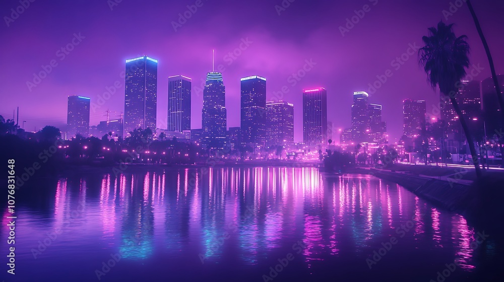 Obraz premium A vibrant city skyline with neon lights reflected in the water at night.