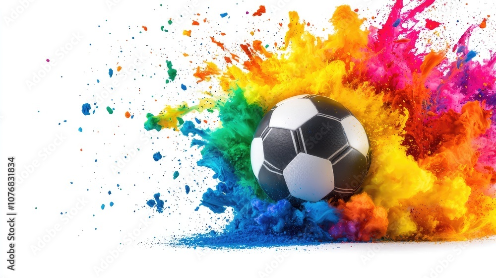 Naklejka premium Vibrant soccer ball exploding with colorful paint, representing energy and movement, isolated on white background