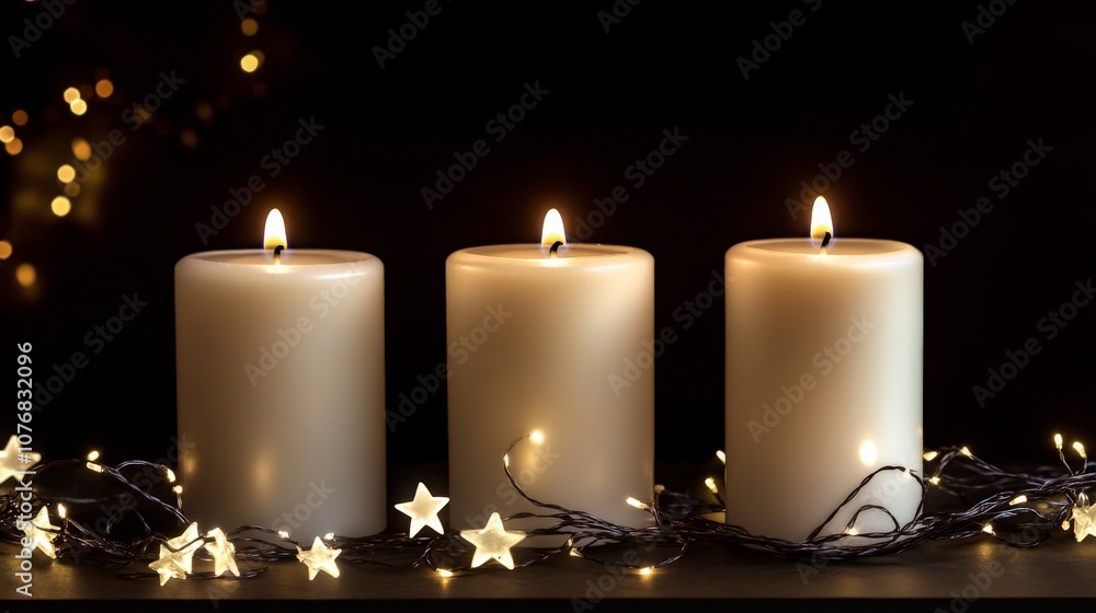 Elegant candles with twinkling star lights creating a warm and peaceful ambiance Elegant candles with twinkling star lights creating a warm and peaceful ambiance