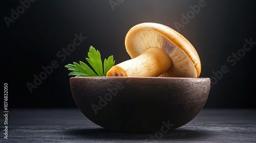 Forest Delicacy: King Bolete Mushroom with Rosemary and Parsley Herbs in an Old Bowl on Dark Brown Wooden Table - Top View Banner photo