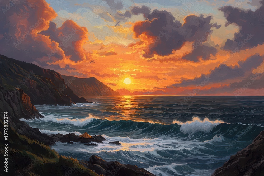Obraz premium Witness the majestic sunset as dramatic waves crash against remote coastal cliffs in a serene landscape