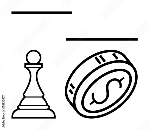 Chess pawn and coin with dollar sign, accompanied by horizontal lines. Ideal for strategy, finance, investment, planning, decision-making, economics business concepts. Line metaphor
