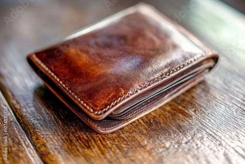 A brown leather wallet resting on a wooden surface, showcasing its texture and craftsmanship.