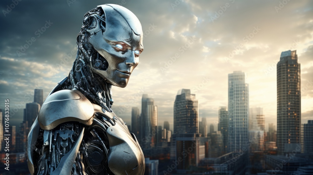 A silver robot cyborg standing tall against a modern cityscape with copyspace for your text.
A silver robot cyborg standing tall against a modern cityscape with copyspace for your text.
