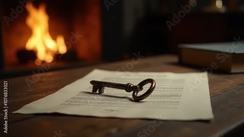 Wallpaper Mural Key on a contract for signing day. Description: An antique key rests on a scroll as a cozy fireplace flickers softly in the background, creating a warm atmosphere. Torontodigital.ca