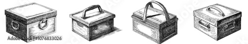 Box of paper for food, illustrated in black and white with isometric view and outline style.