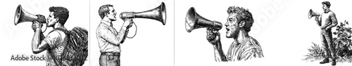 An employee hires a new employee, protests or announces a new concept in front of a megaphone. The silhouette of a male screams through the loudspeaker.
