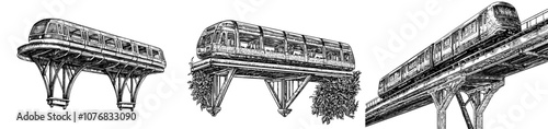 Railway train suspended in the air. Simple flat illustration in perspective.