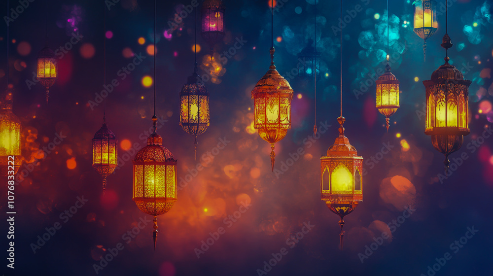 Fototapeta premium Celebrating the Festival of Sacrifice with Lanterns and Festive Designs. Wishing You a Joyous Eid Mubarak, Happy Eid Ul-Adha.