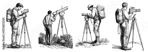 Land surveyor using a theodolite to measure land. Simple illustration.