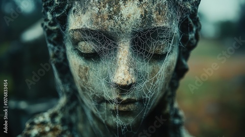 Close-up of a weathered statue covered in spiderwebs.