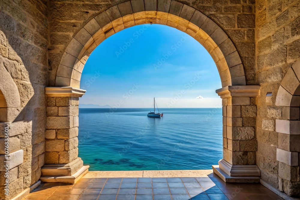 Fototapeta premium Scenic Stone Archway Overlooking the Sea with a Boat in the Distance Under a Clear Sky, Evoking Calmness and Heritage Through Classic Architecture Framing the Ocean View