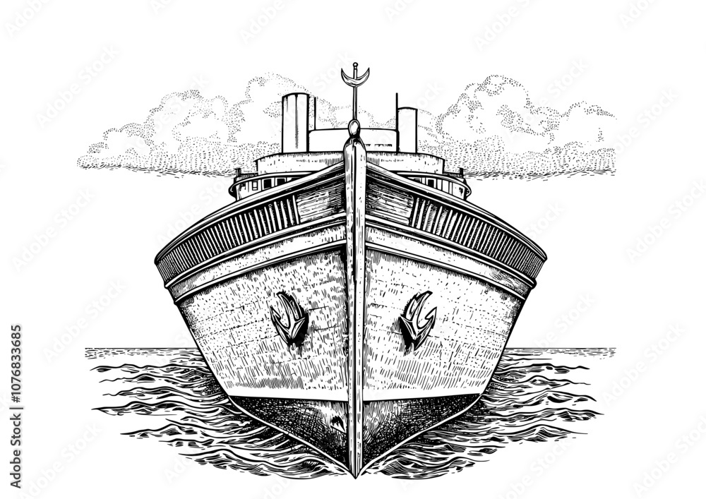 Fototapeta premium Illustration of a ship's bow sailing on a sea. Simple flat design.