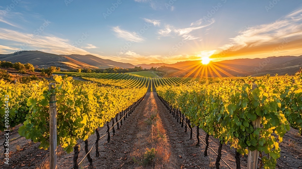 Obraz premium Aerial view of an autumn vineyard with rows of grapevines and vibrant fall colors spreading across the landscape