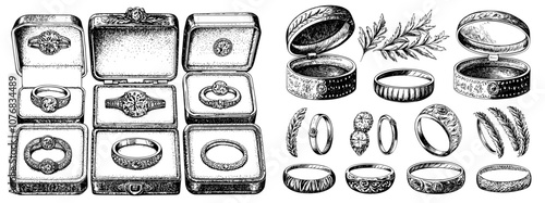 The animation shows cartoon wedding or engagement rings on gift boxes and pillows. An engagement jewelry ring with diamonds for the wedding ceremony. A modern set of rings for marriage ceremony.