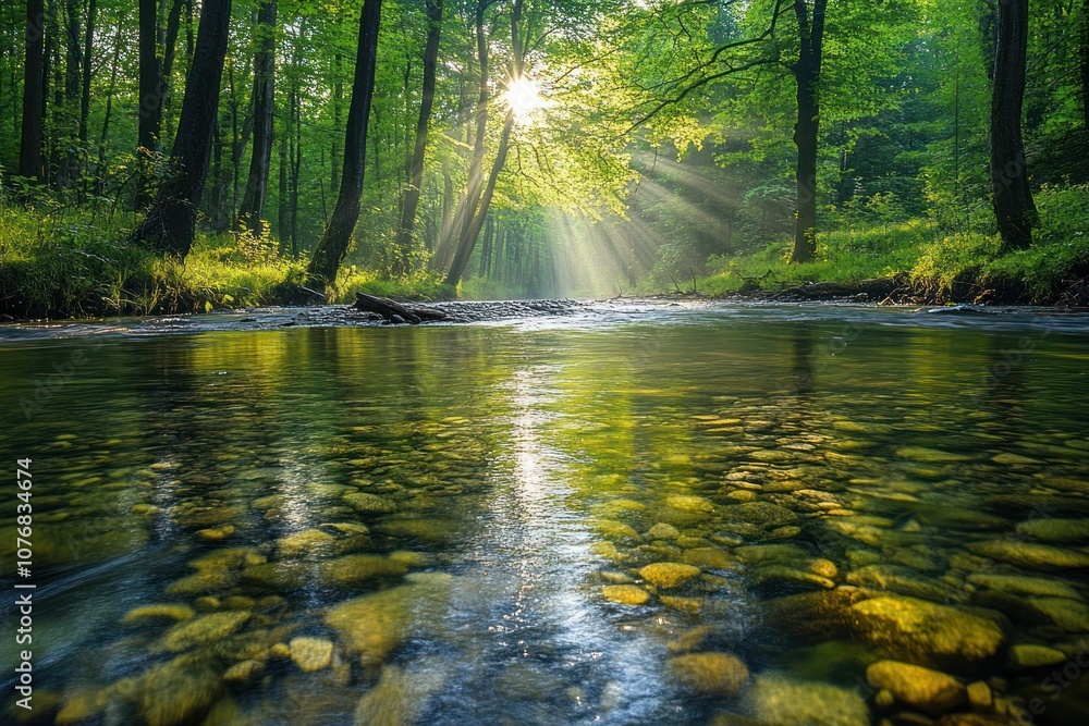Obraz premium Sunbeams Shining Through Trees Onto a Tranquil River