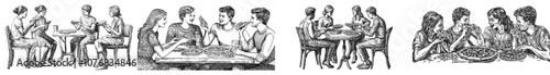 The illustration shows coworkers having a business lunch at the dining table in an office. People are eating pizza together during break time. Coworkers are relaxing, chatting. Flat modern