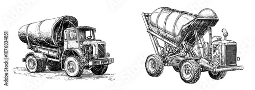 In black and white, a cement mixer is pictured.