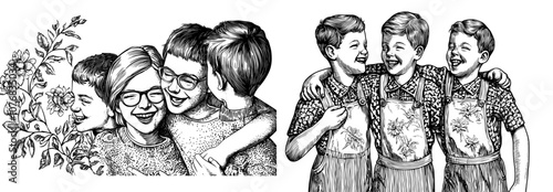 A group of smiling kids together in a contrasting color illustration