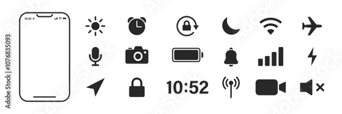 Mobile icons set. Phone bar status sign. Wifi, signal, battery, time, alarm, lock, device symbol. Vector design set