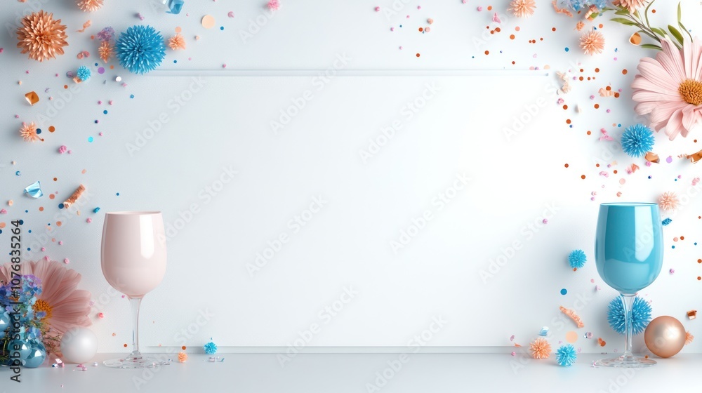 Festive New Year's Eve Party Banner with Glitter Confetti and Streamers on White Table, Illustration with Colorful Multicolored Texture and Empty Paper Frame Background Festive New Year's Eve Party Banner with Glitter Confetti and Streamers on White Table, Illustration with Colorful Multicolored Texture and Empty Paper Frame Background