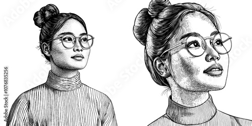 Cartoon illustration of a woman with a round white frame