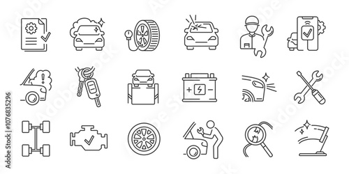 Car line icons set. Auto service. Repair, inspection, maintenance, vehicle. Vector