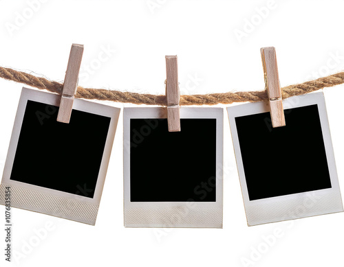 Mock up de tres Polaroid colgadas con pinzas de madera en una cuerda, fotografías retro antiguas, PNG