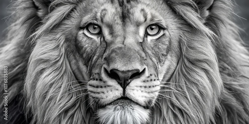 Wallpaper Mural Serene Grayscale Close-Up of a Majestic Barbary Lion's Face in Panoramic Photography, Emphasizing Its Calm Expression and Intricate Facial Features for Wildlife Enthusiasts Torontodigital.ca