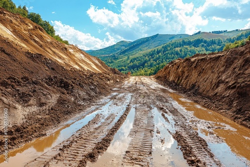 A muddy construction site with tire tracks and steep earth banks under a blue sky. photo