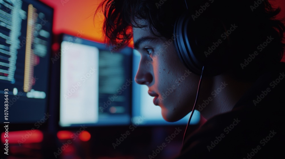 Focused young man with headphones live streaming an intense coding session, surrounded by monitors displaying code in a dimly lit room with RGB lights, conveying concentration and dedication. Focused young man with headphones live streaming an intense coding session, surrounded by monitors displaying code in a dimly lit room with RGB lights, conveying concentration and dedication.