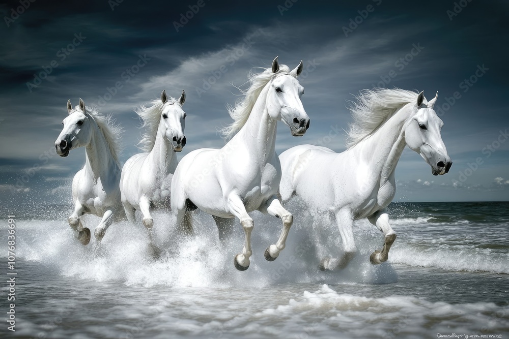 Four White Horses Running Through the Water on a Beach Four White Horses Running Through the Water on a Beach