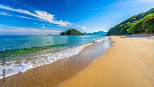 Serene Minimalist View of Miyukinohama Beach in Odawara, Capturing the Tranquility of Sagami Bay with Soft Sand, Gentle Waves, and a Clear Blue Sky photo