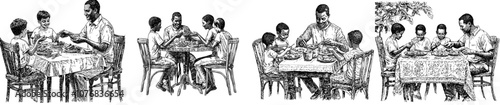 Cartoon illustration of a happy family eating in a cafe together